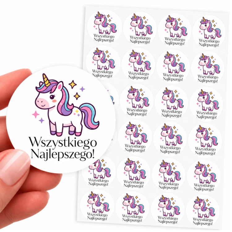 Naklejki ozdobne na prezent  Wszystkiego najlepszego JEDNOROŻEC 40 mm 24szt
