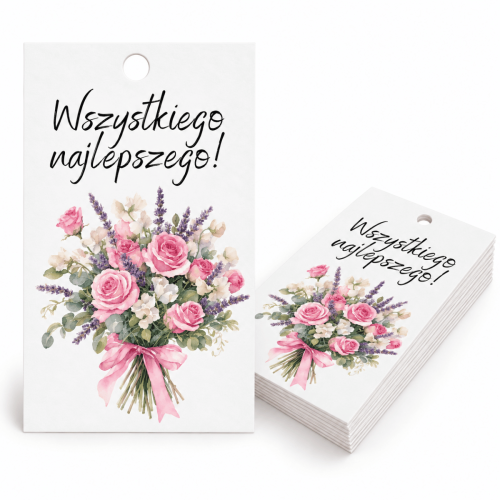 Bileciki  zawieszki do prezentów "Wszytkiego Najlepszego" Kwiaty 5x9 cm 25 sztuk