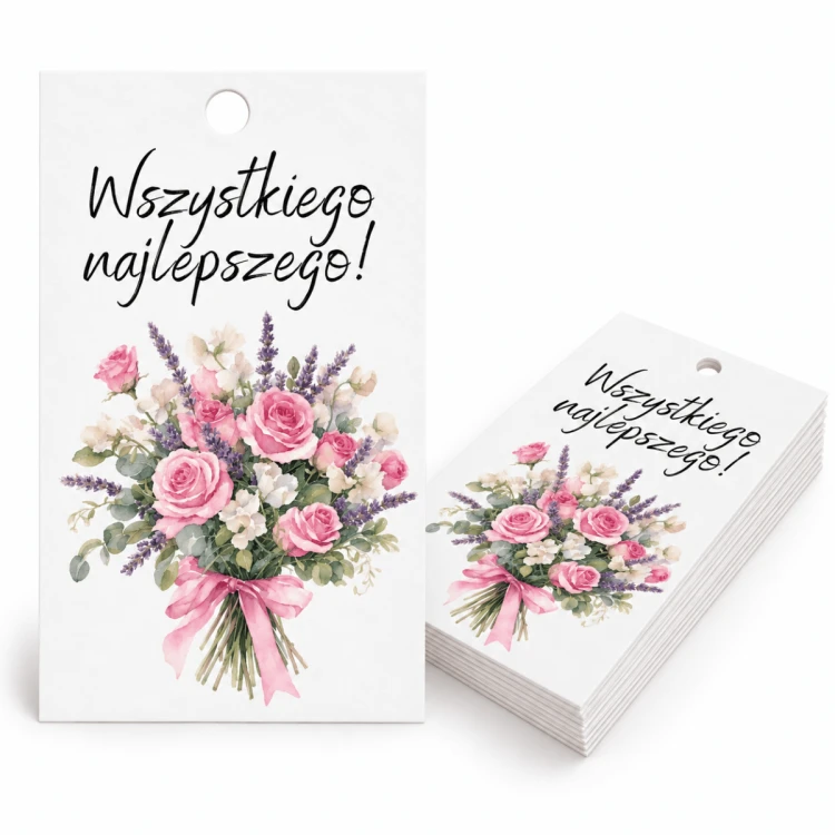 Bileciki  zawieszki do prezentów "Wszytkiego Najlepszego" Kwiaty 5x9 cm 25 sztuk
