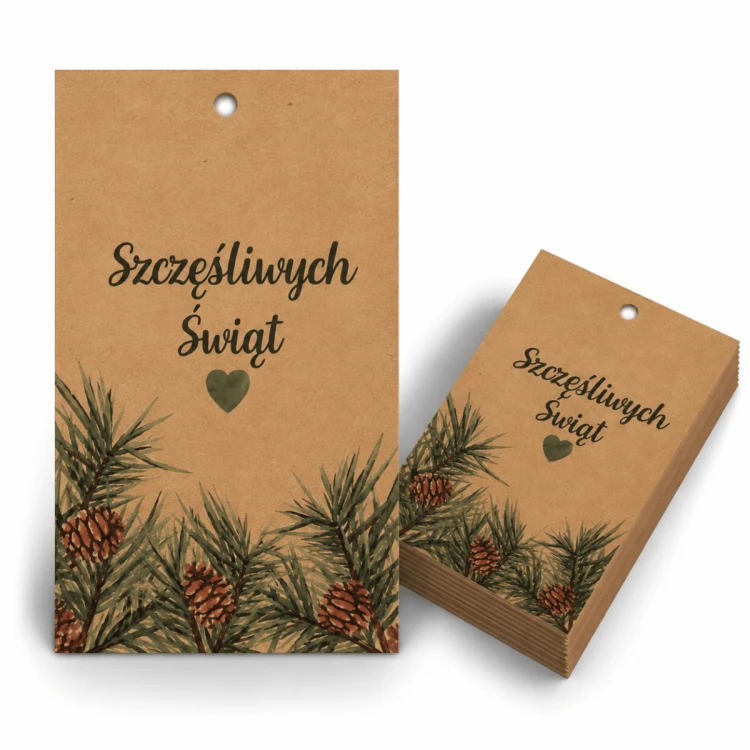 Bileciki zawieszki do prezentów "Szczęśliwych Świąt" 5x9 cm 25 sztuk