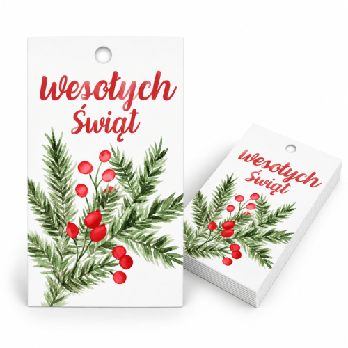 Bileciki zawieszki do prezentów "Wesołych Świąt" 5x9 cm 25 sztuk