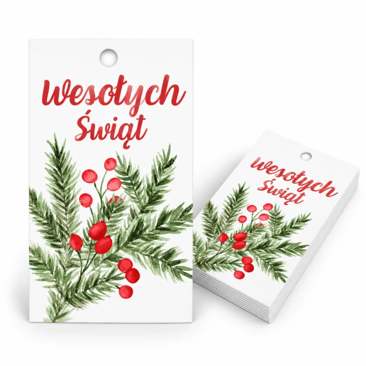Bileciki zawieszki do prezentów "Wesołych Świąt" 5x9 cm 25 sztuk