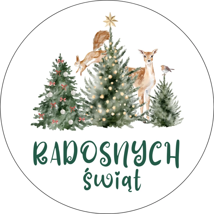 Naklejki ozdobne  RADOSNYCH ŚWIĄT sarenka z wiewiórką 40 mm 24 szt.