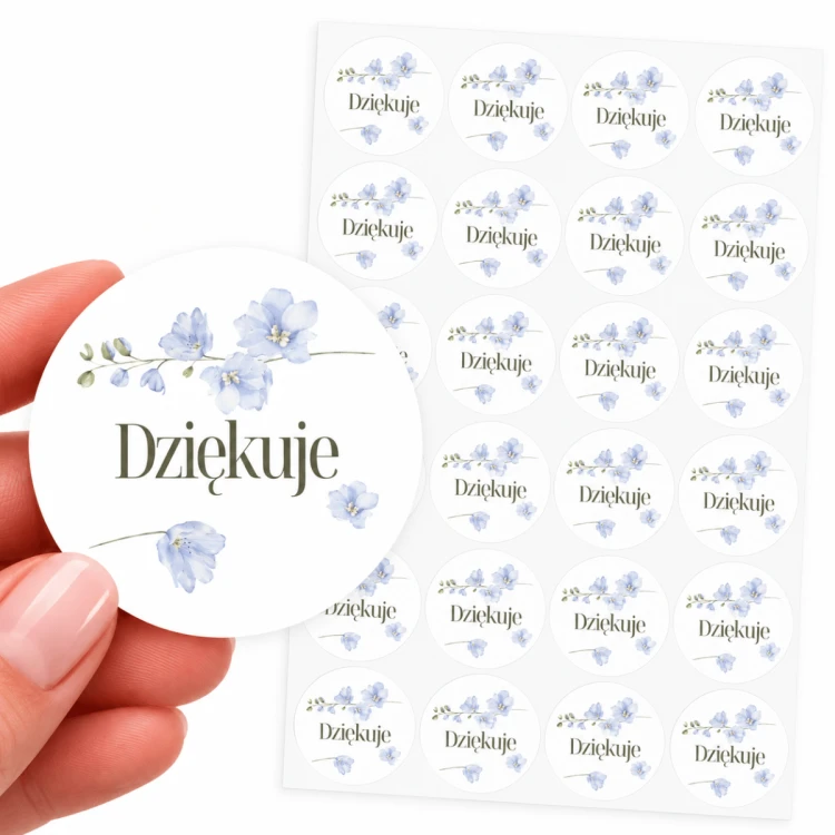 Naklejki ozdobne na prezent "Dziękuję" niebieskie kwiaty 40mm 24 szt.