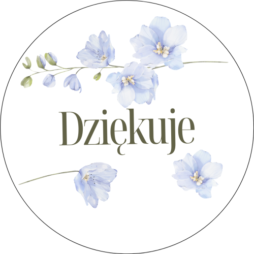 Naklejki ozdobne na prezent "Dziękuję" niebieskie kwiaty 40mm 24 szt.