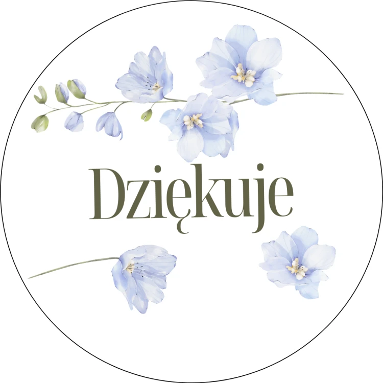 Naklejki ozdobne na prezent "Dziękuję" niebieskie kwiaty 40mm 24 szt.